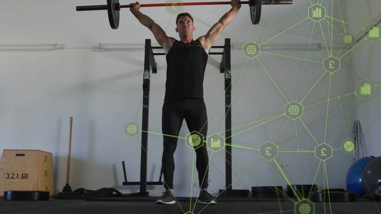 Man initiating barbell drive, pressing up and squatting for fitness, green overlay obscuring right