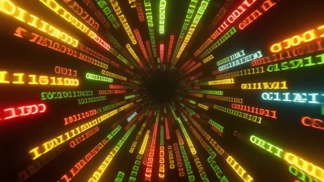 Tunnel di codice binario digitale con flussi di dati colorati luminosi