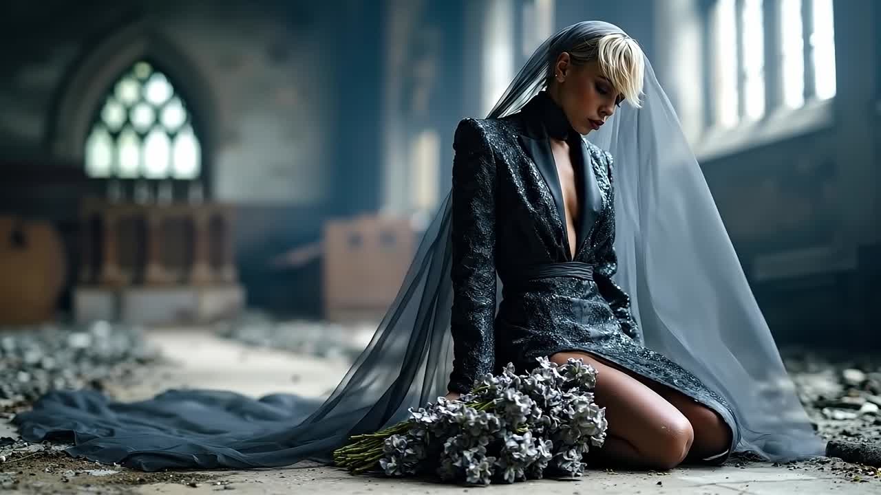 A woman in a black dress sitting on the ground with a bouquet of flowers