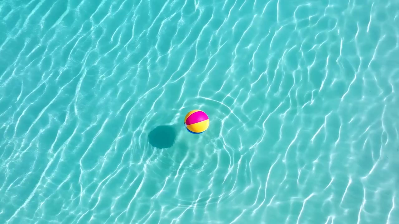 Top-down view of a pink and yellow inflatable beach ball drifting on clear turquoise pool water. Bright overhead sunlight creates caustic light patterns