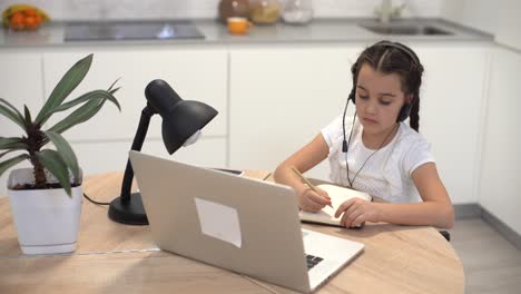 kids distance learning. cute little girl using laptop at home. education, online study, home studying, technology, science, future, distance learning, homework, schoolgirl children lifestyle concept.