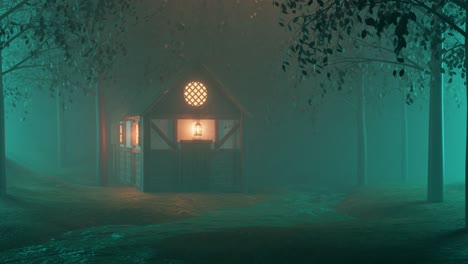 3d rendering of illuminated wooden cottage in forest at night
