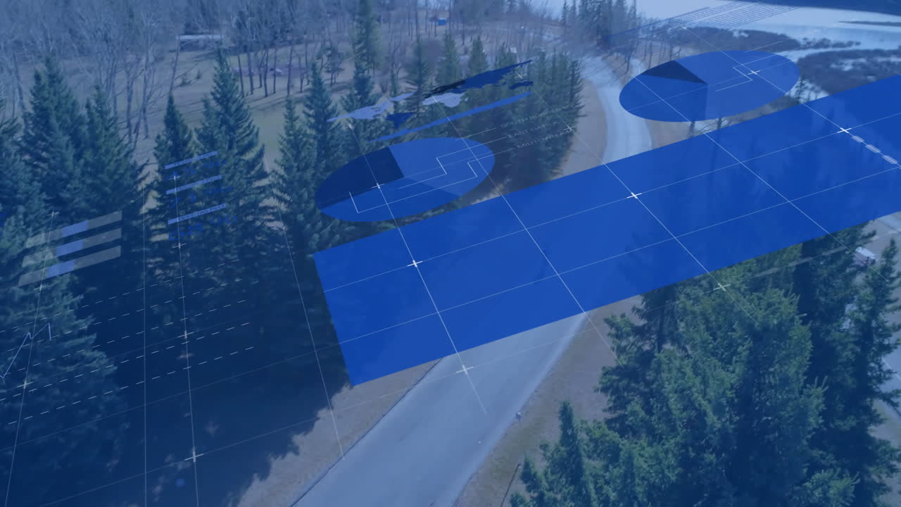 Digital HUD overlay floating over forest road, showing tech data, grid lines and circular diagrams