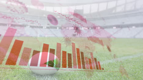 coronavirus digital interface against rugby ball in sports stadium