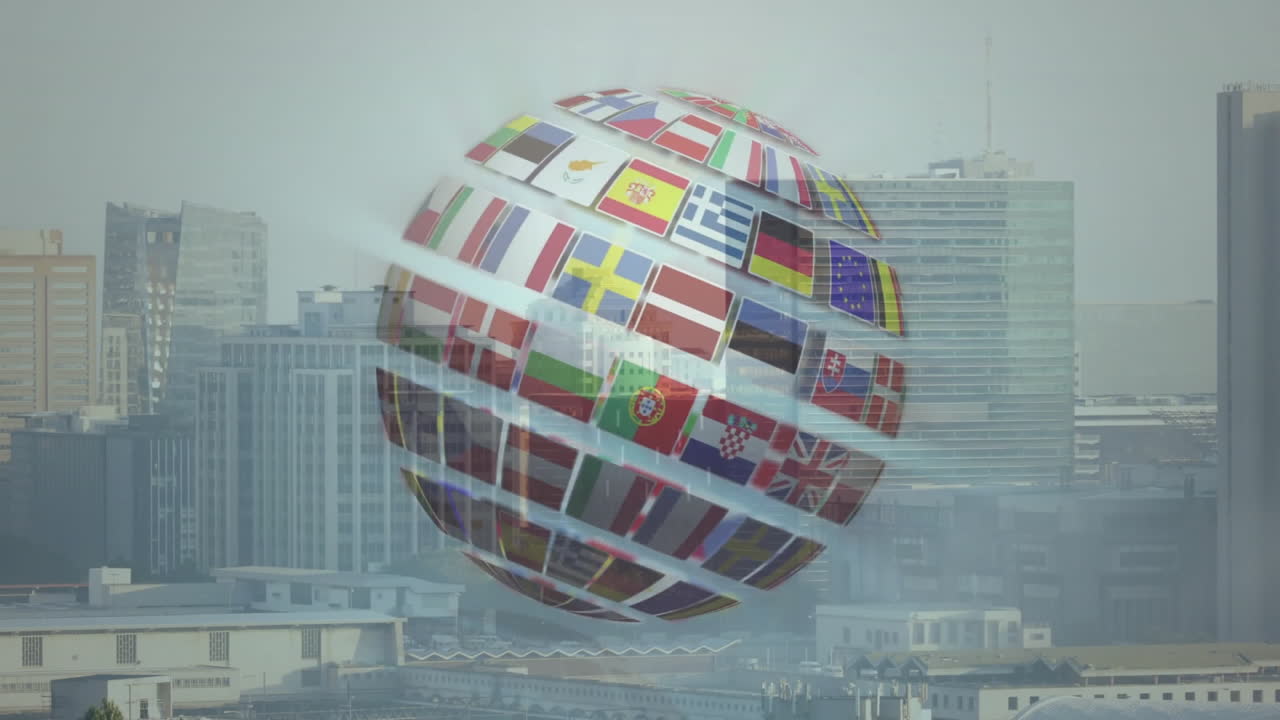 Rotating globe with international flags over cityscape background
