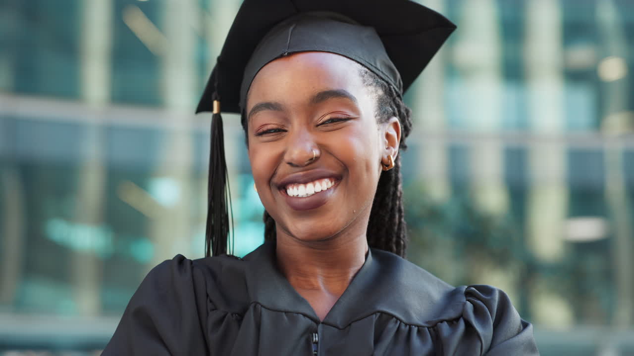 Face, achievement or black woman with graduation