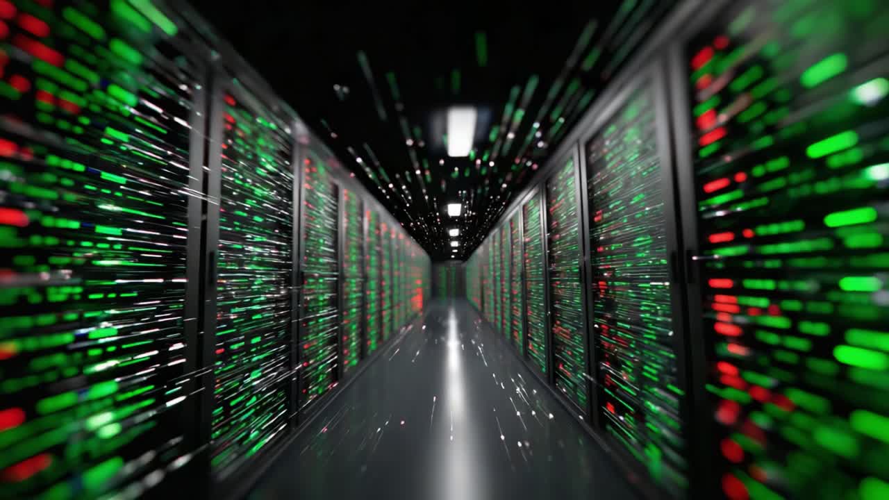 En højhastigheds digital korridor: En fængslende udsigt inde i et datacenter, hvor hurtig databehandling og forbindelse kommer til live med levende grønne og røde lysmønstre.