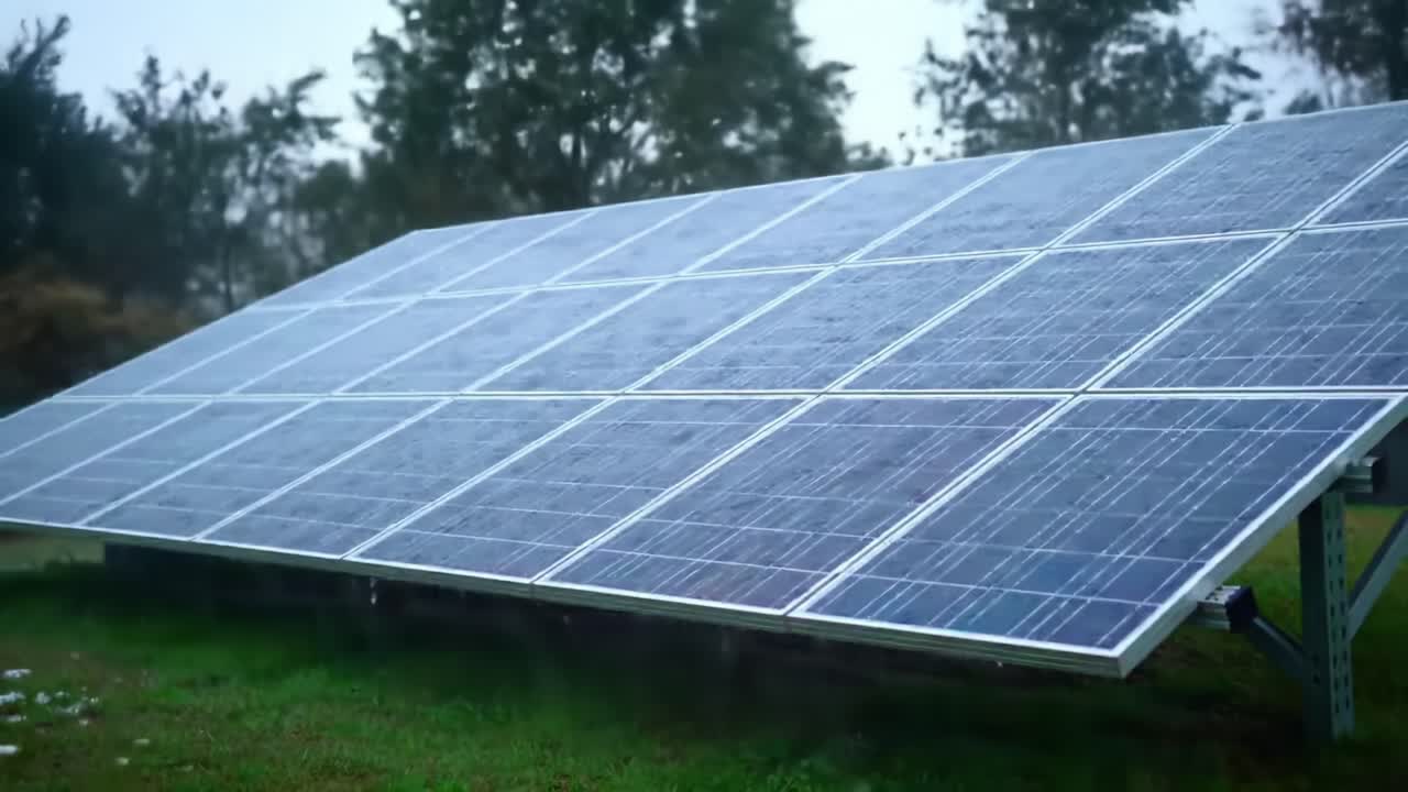 Innovative Solar Panels Harnessing Renewable Energy from the Sun, Captured in a Lush Green Setting on a Foggy Day, Emphasizing Sustainable Technology and Nature's Harmony