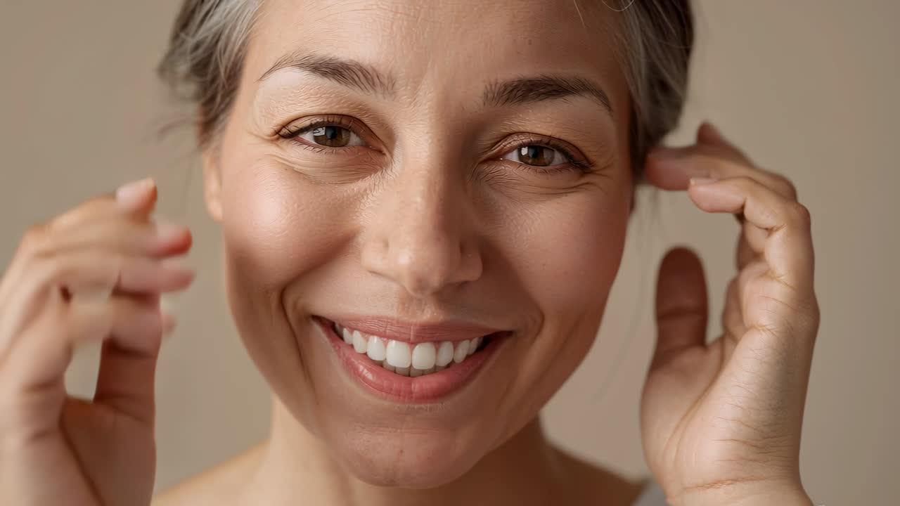 Smiling woman opening eyes to camera cue, touching hair at beige backdrop wearing white top, ring