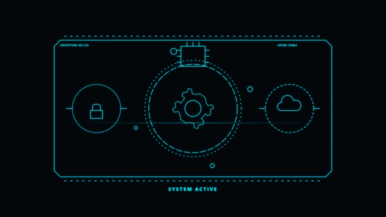 Digital HUD Interface with Rotating Gear and Security Icons