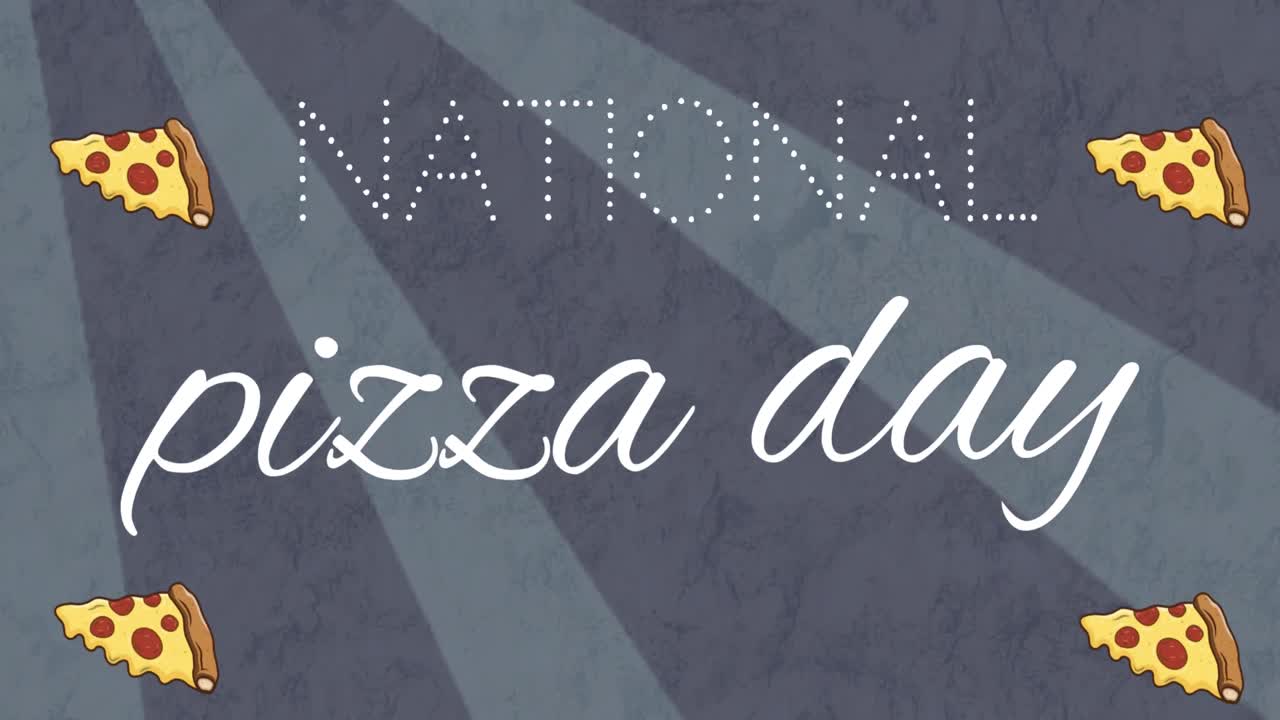회색 배경 위에 있는 국가 피자 날 텍스트와 피자 아이콘의 애니메이션
