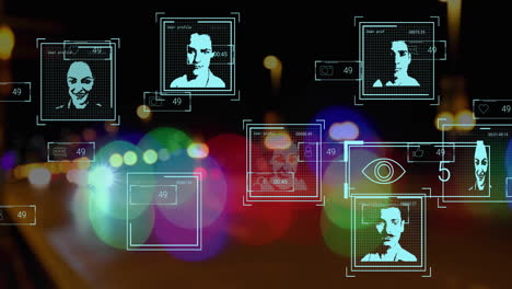 Animation of data processing with people portraits over cars on street with bokeh