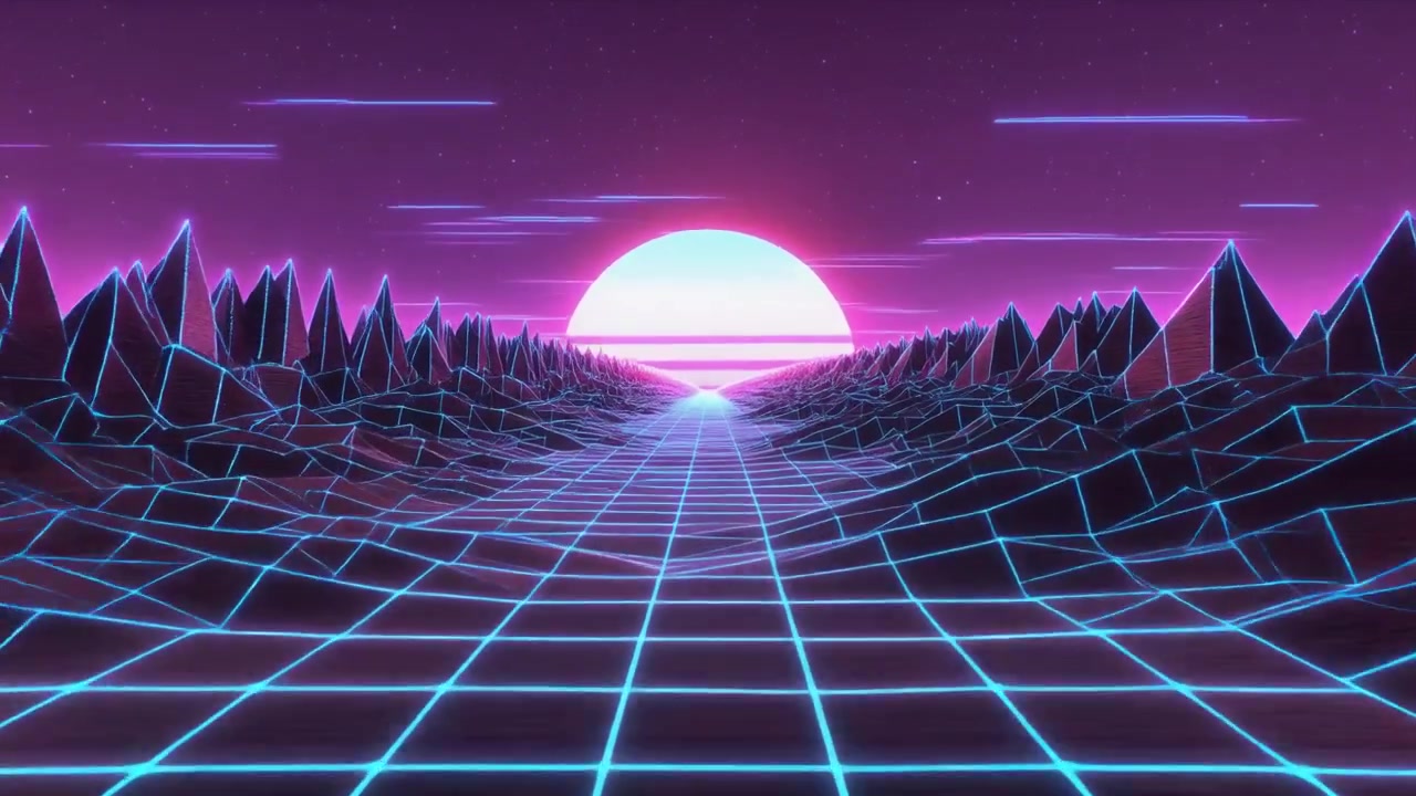 Lanskap Digital Gaya Retro Synthwave dengan Matahari Bercahaya