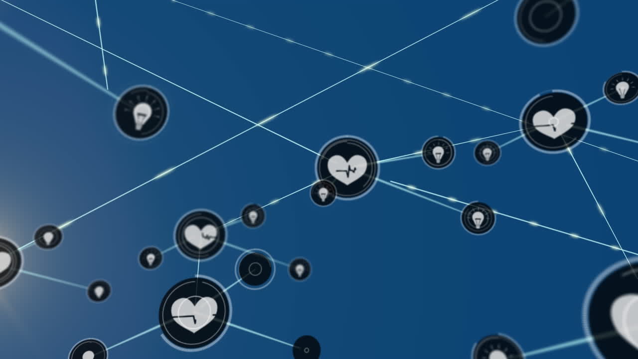 파란색 배경 위에 아이콘으로 연결 네트워크의 애니메이션