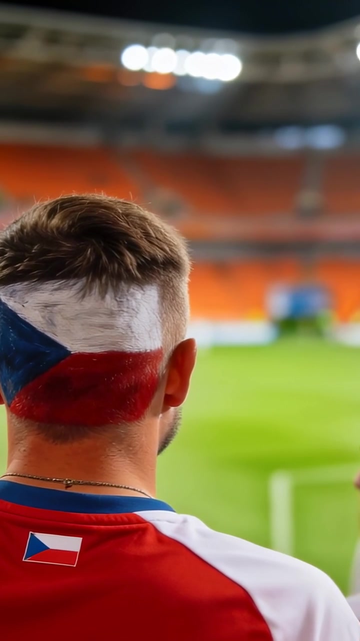 Vertikal video: Kameraet trekker seg tilbake fra en fan med tsjekkisk flagg på hodet, kledd i drakt, som står på stadion og heier på laget.