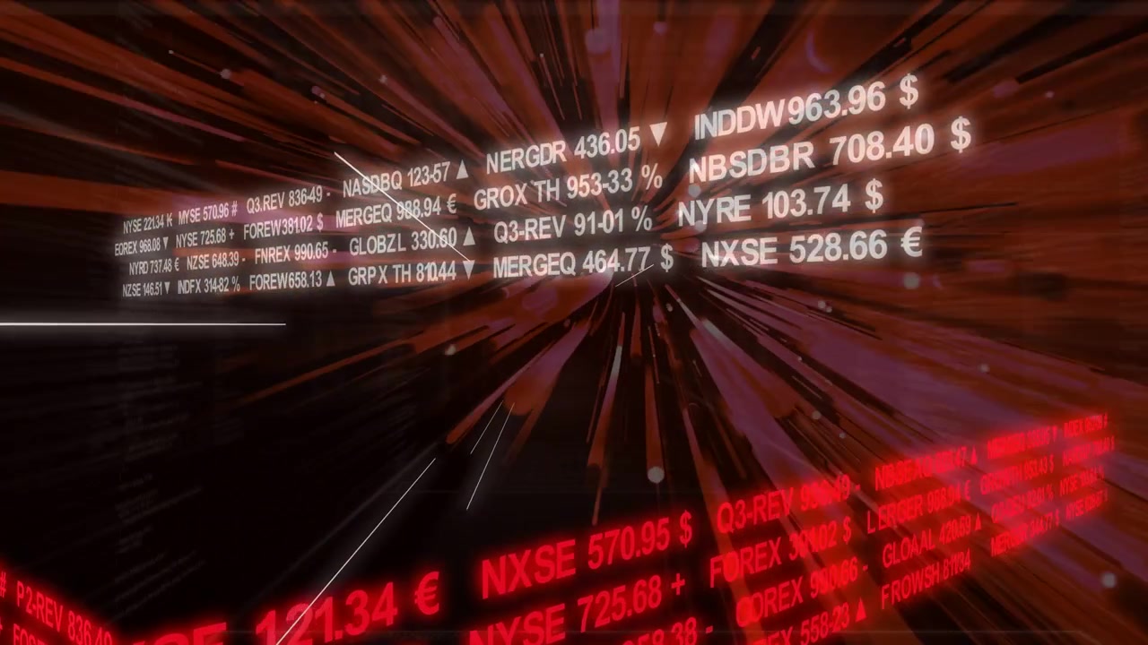 Camera pushing forward, ticker tunnel expanding, red and white text scrolling to show market data