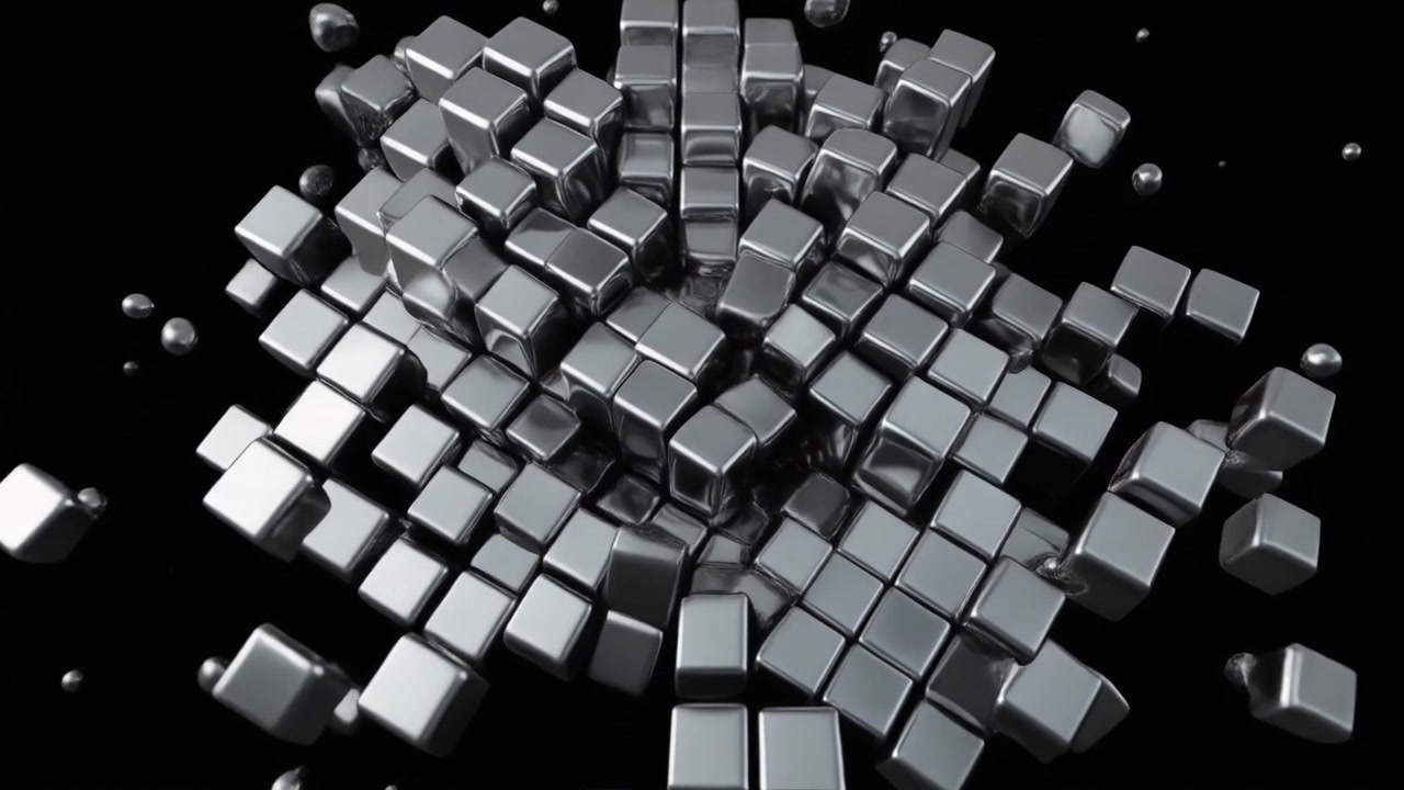 Abstrakt 3D-animation af en metallisk terning, der opløses i små fragmenter