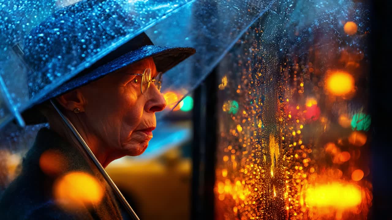 A contemplative woman in a rain-soaked environment, gazing through a glass window adorned with raindrops and vibrant city lights, evoking a sense of nostalgia and introspection