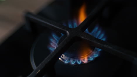 a distorted close up of a hob on a ceramic black gas stove being lit, burning for a while and then turning off