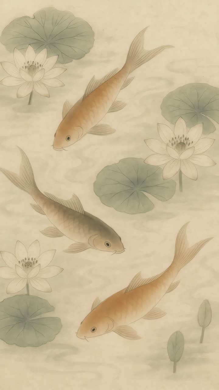 Top-down video concept of koi fish swimming among lotus flowers, styled in traditional watercolor