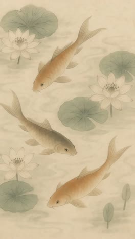 top-down video concept of koi fish swimming among lotus flowers, styled in traditional watercolor