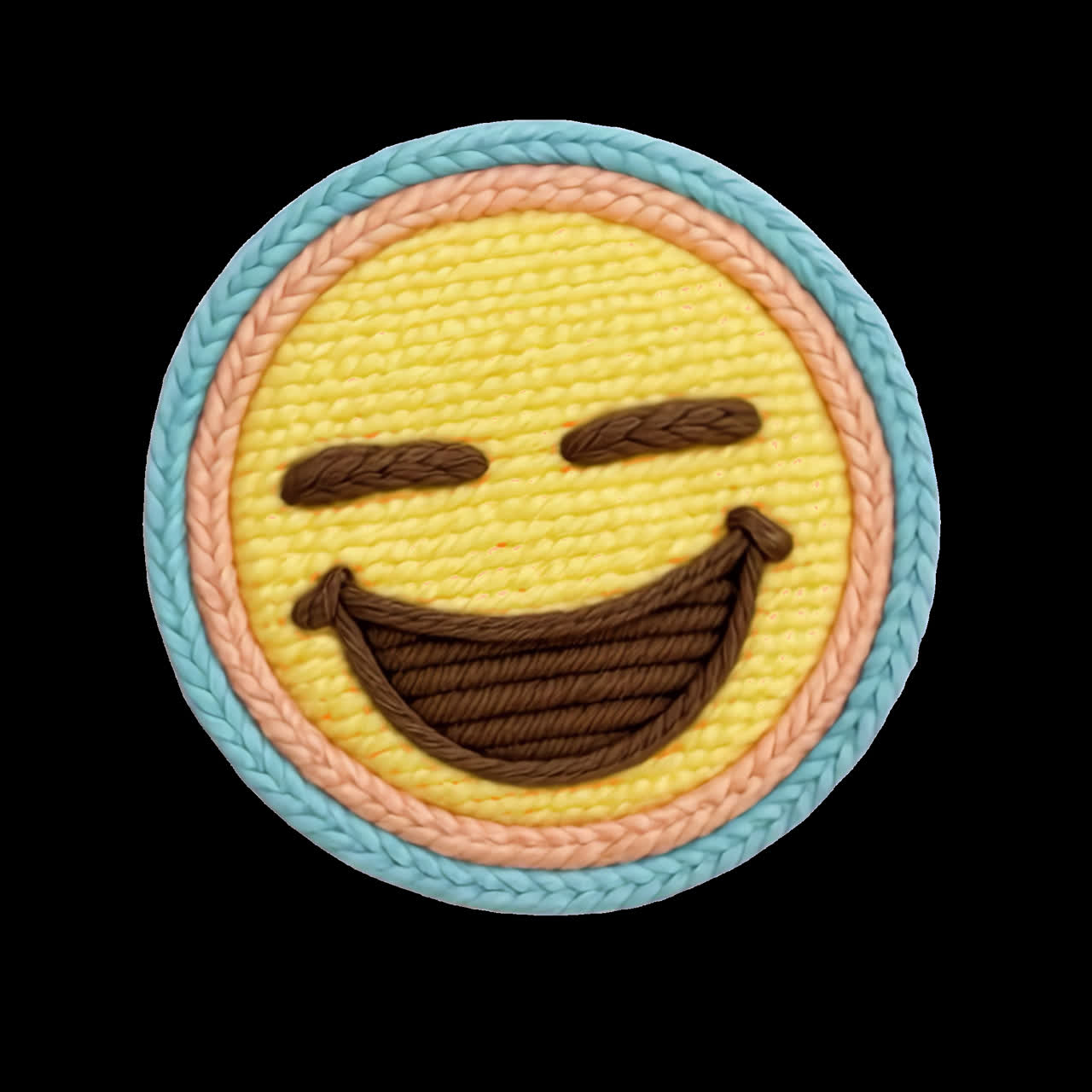 Colorful embroidered laughing emoji animation isolated asset, transparent 4K video, alpha channel