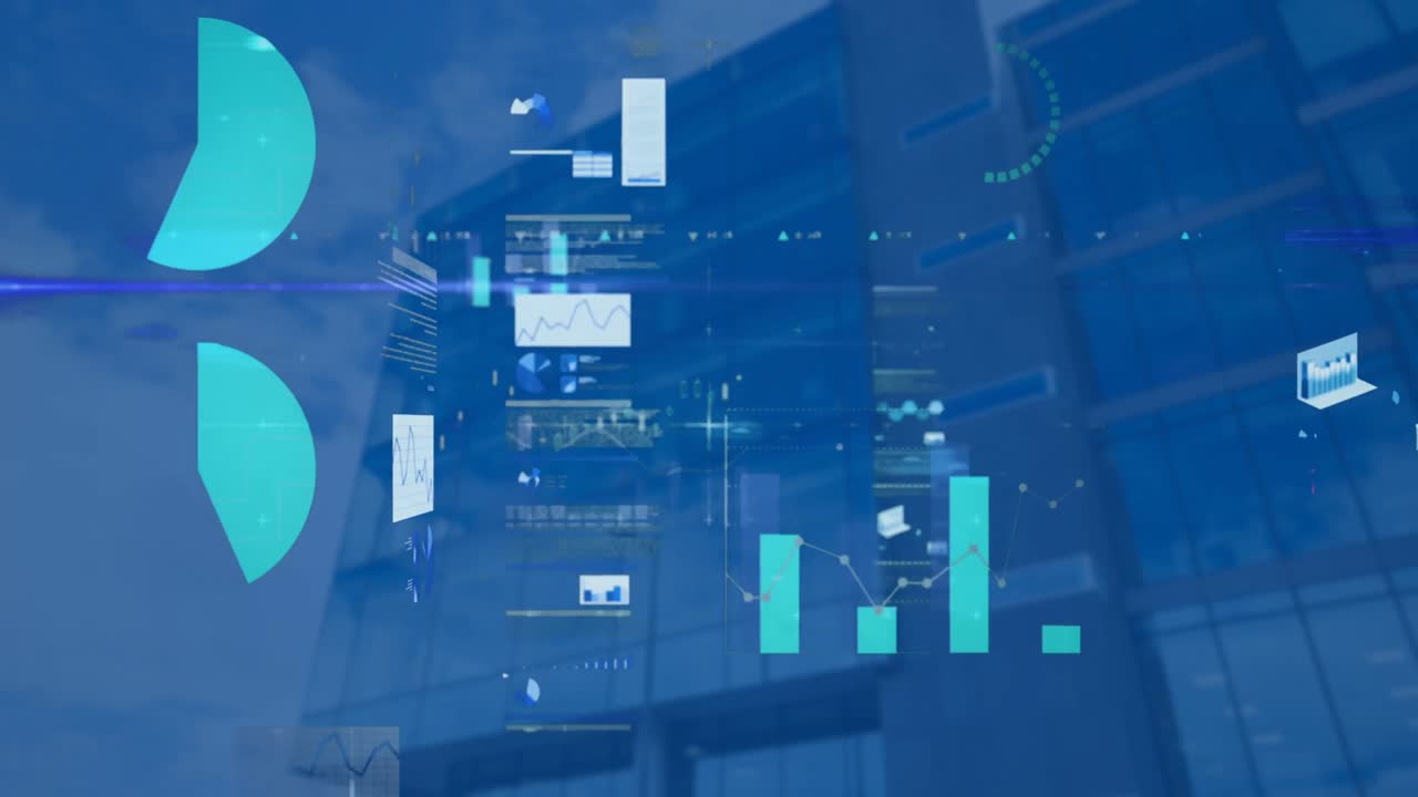 animación de estadísticas y procesamiento de datos financieros en edificios modernos