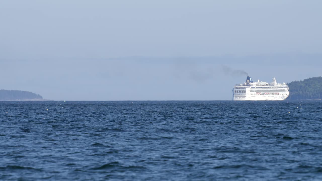 Distant View of a Cruise Ship Sailing Past Lamoine Beach, Maine