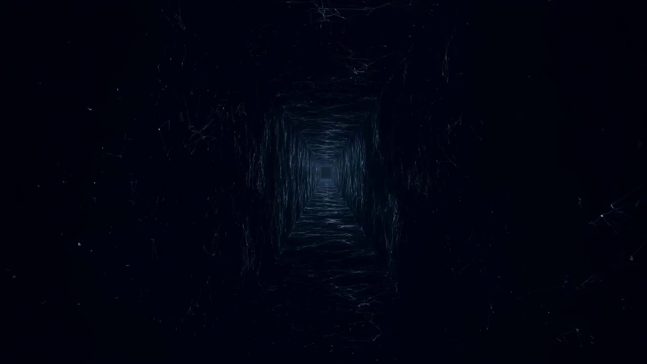 Abstract luminous tunnel receding into darkness with blue light, subtle particle streaks, strong depth, and a central vanishing point creating a sense