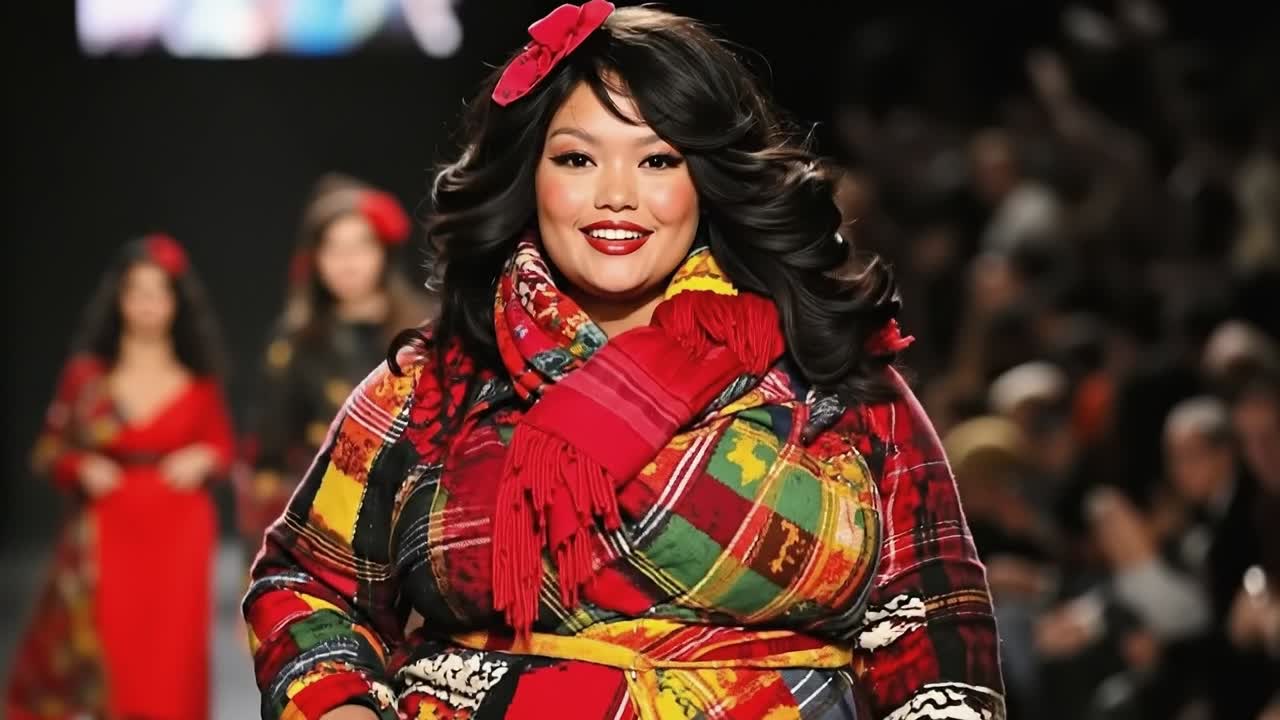 A woman in a colorful dress and scarf walking down a runway