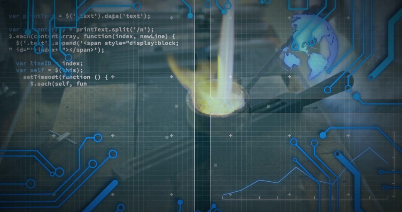 Gloved tech tilting ladle initiating molten pour for metal casting with code HUD reacting to pour