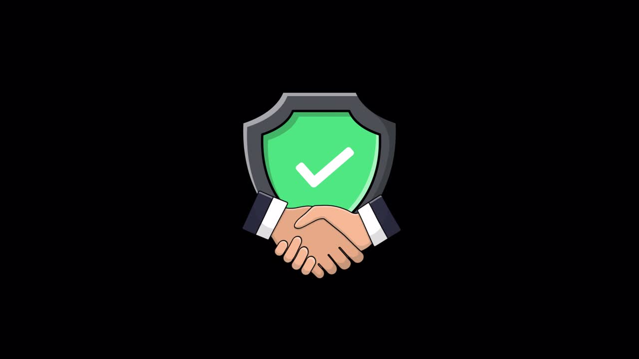 Animated Handshake and Shield with Checkmark for Agreement and Security