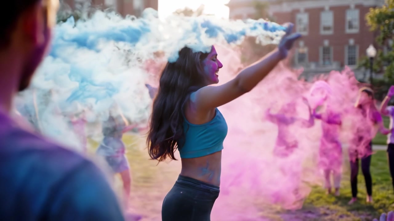 Celebrando Gioia e Colore: Una giovane donna balla gioiosamente tra nuvole di vivaci colori Holi in un vivace raduno all'aperto con amici e sorrisi tutt'intorno