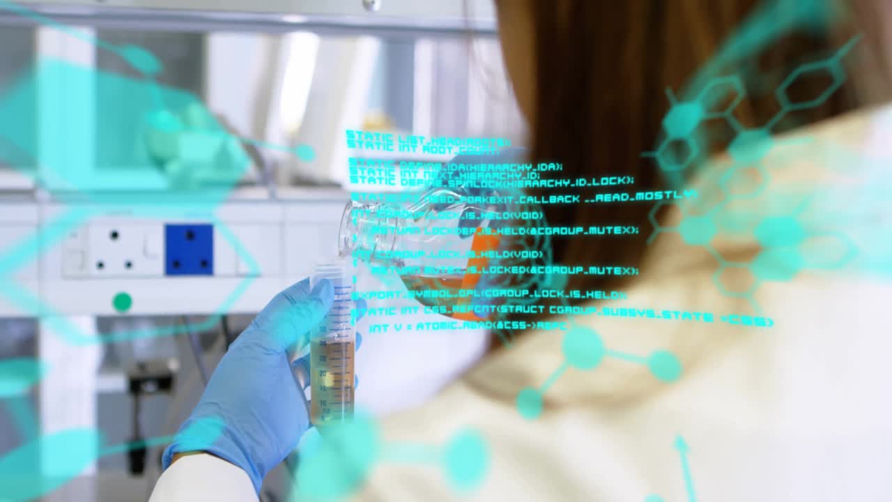Animation of chemical formula and data processing over caucasian female scientist doing experiment