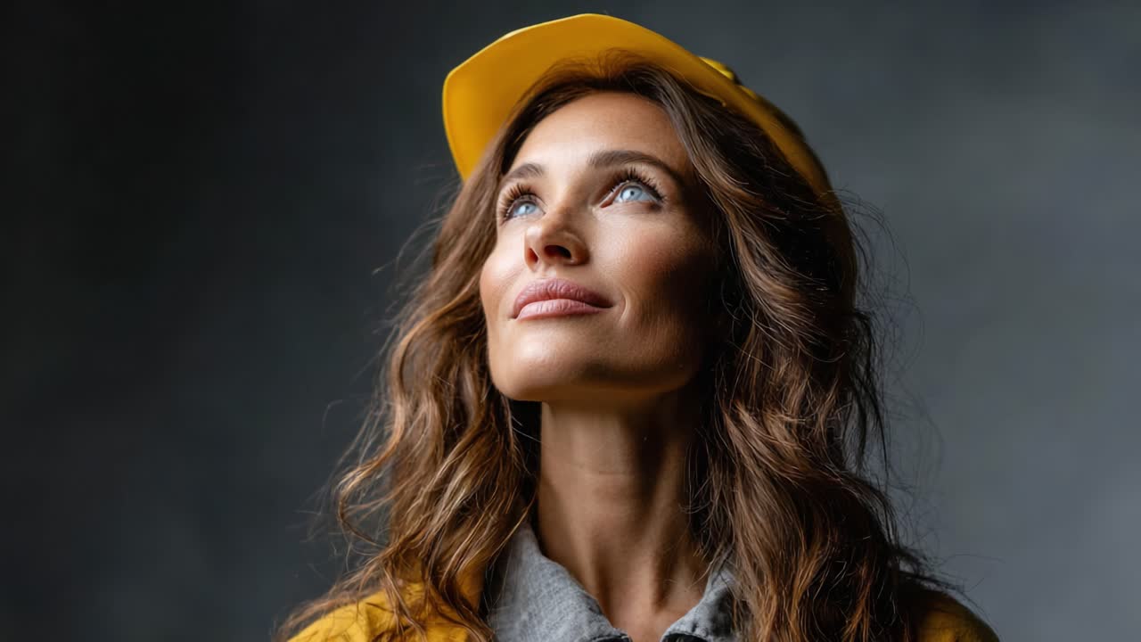 A thoughtful woman in a yellow hard hat gazes upward, embodying determination and curiosity amidst a soft-focus background, capturing the essence of hope and ambition