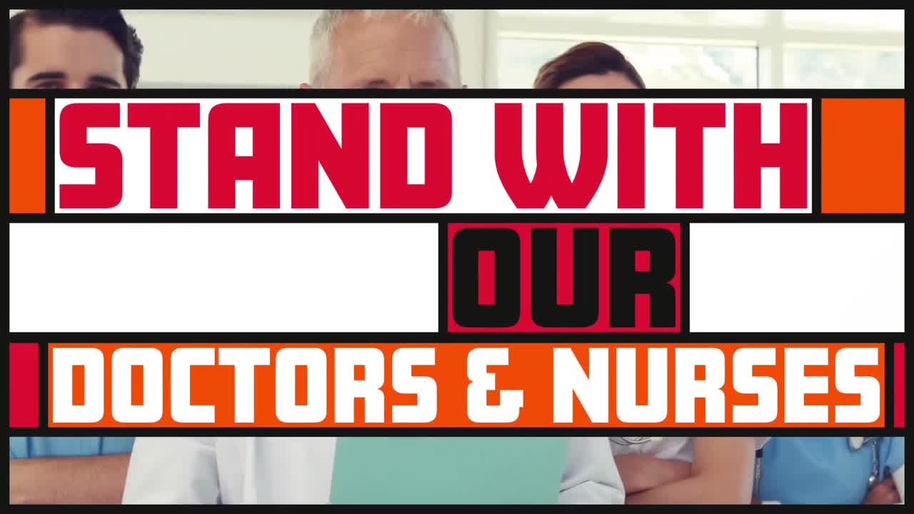 animación de texto en banderas coloridas sobre un grupo de médicos caucásicos