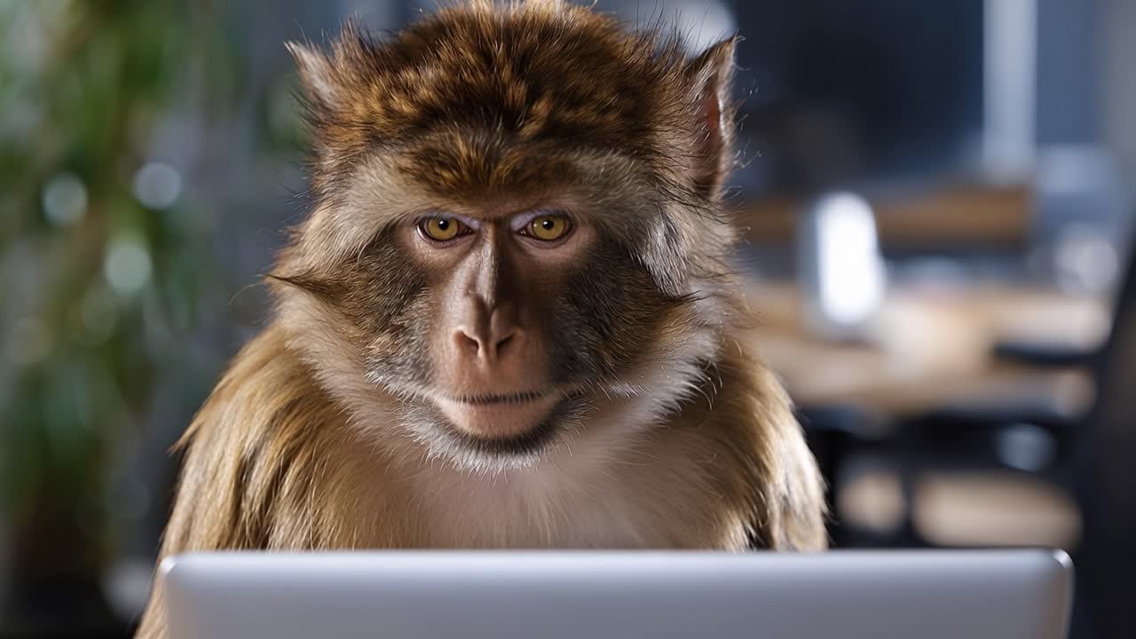 Una scimmia è seduta davanti a un laptop. Afferra i bordi con mani concentrate. I suoi occhi mostrano un'intensa concentrazione. Si ferma, con la bocca leggermente aperta. Il suo sguardo si sposta dallo schermo all'osservatore.