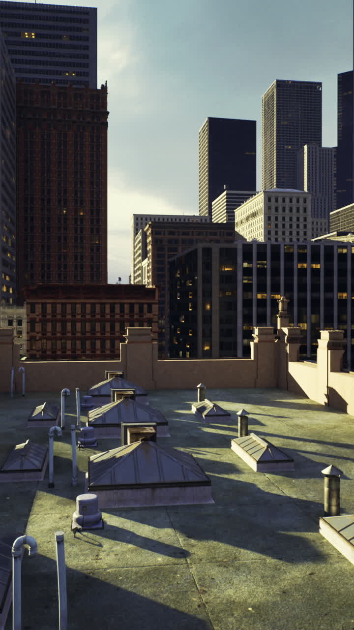 Rooftop view of urban skyline with buildings under sunlight at sunset