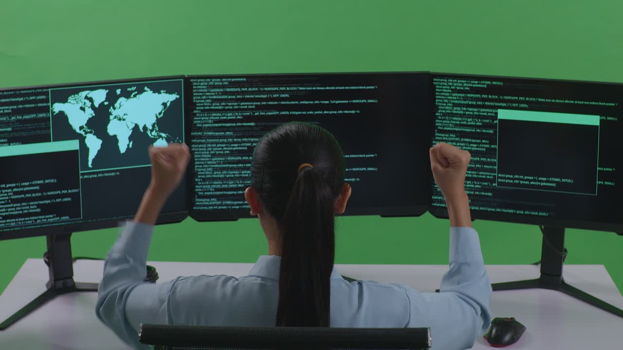 Back View Of Happy Asian Woman Developer Celebrating And Dancing While Write Code With Multiple Computer Screens In Green Screen Studio