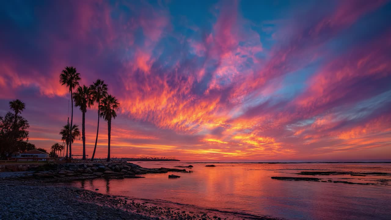Breathtaking Sunset Over Calm Waters with Palm Trees Silhouetted Against a Vibrant Sky, Capturing Nature's Stunning Colors in a Coastal Paradise