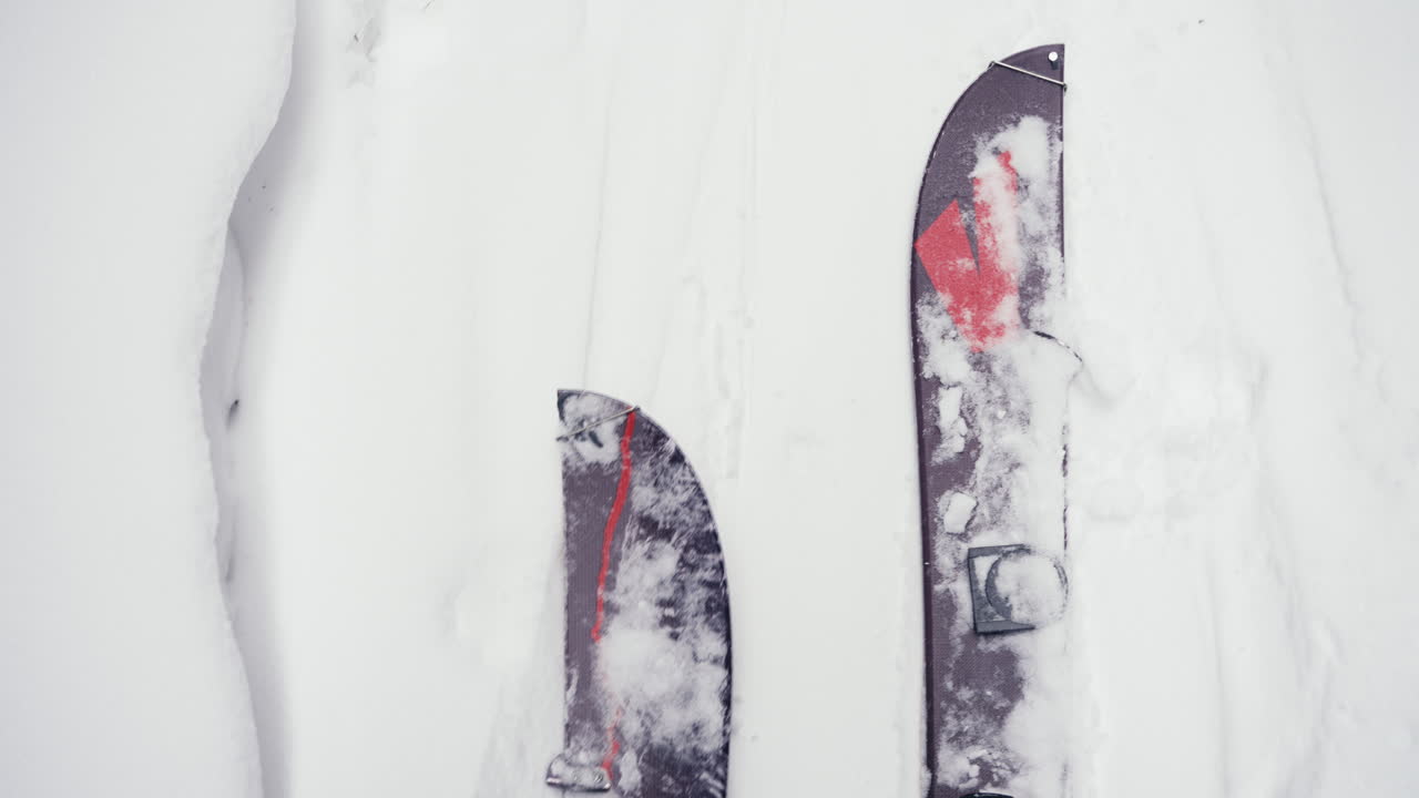 splitboard desollado deslizándose sobre nieve blanca en polvo