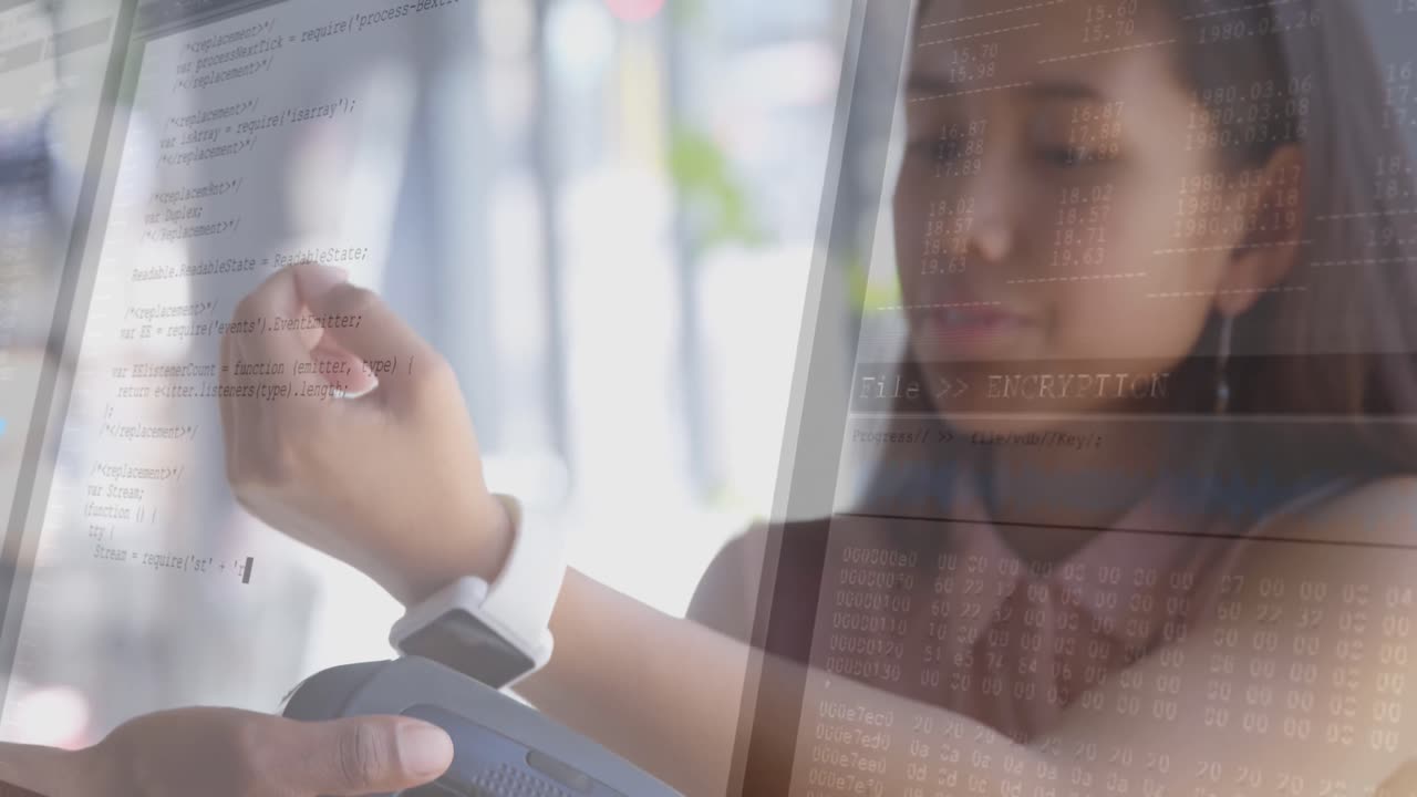 Computer data processing against asian woman making payment using smartwatch