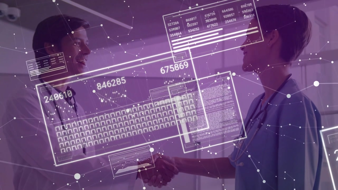 Digital interface animating hallway initiating clinicians exchanging health data via handshake