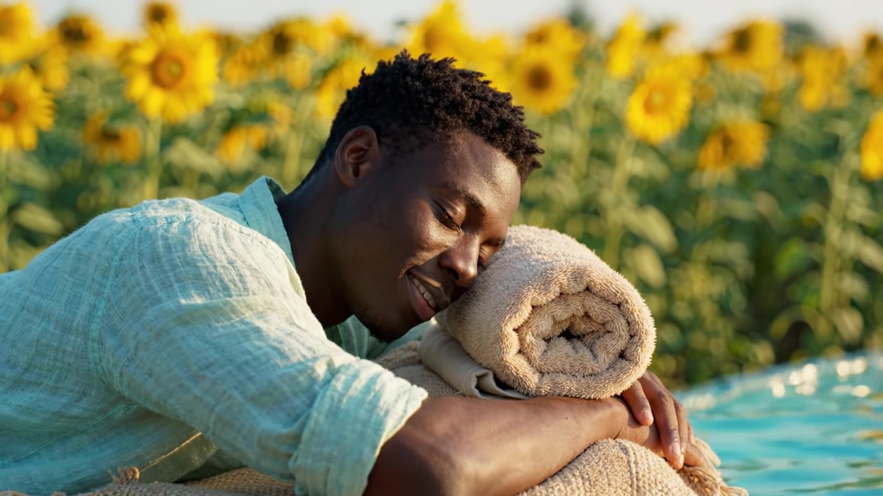 Un momento sereno in un campo di girasoli con un uomo che si rilassa vicino all'acqua, mentre stringe un asciugamano e si gode l'ambiente tranquillo sotto un cielo azzurro e luminoso.