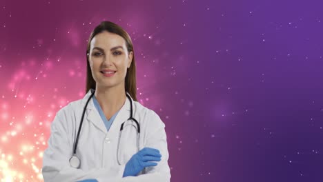 Animation-of-caucasian-female-doctor-over-light-spots-on-purple-background