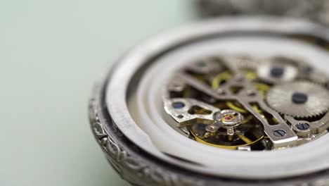 viejo mecanismo de reloj de bolsillo funcionando, vista de cerca