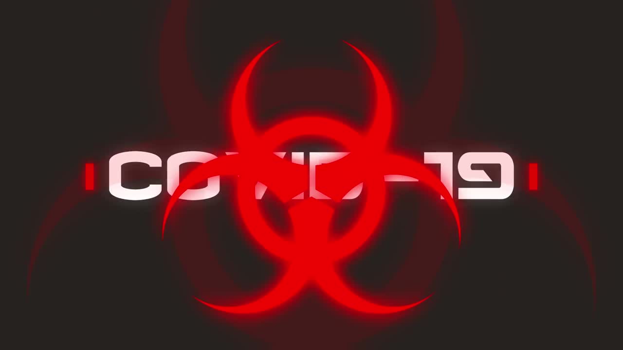 animación del texto de covid 19 sobre el fondo negro de la señal de advertencia