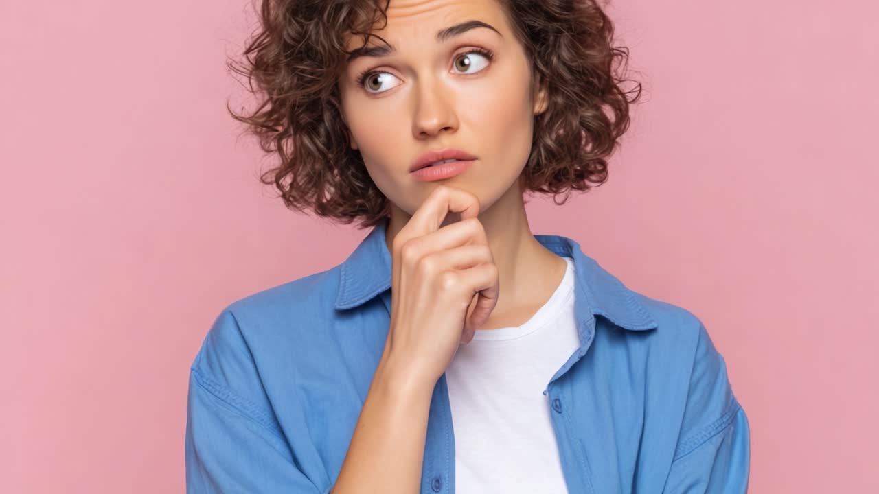 Uma jovem mulher contempla seus pensamentos com curiosidade, ponderando sob iluminação suave contra um fundo rosa vibrante, exibindo um senso lúdico de admiração e reflexão.