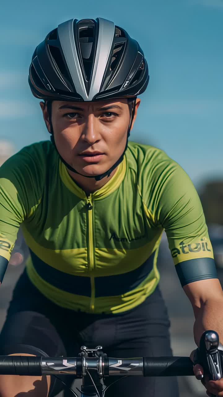 Vertical video: Riding rider on bars, camera rolling, pedaling on road for training with helmet