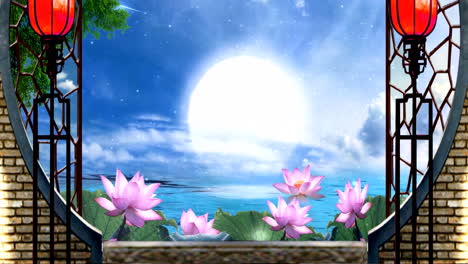 fantasy bright ambience landscape of beautiful moonlight over lotus pond during mid-autumn festival sky, flowers, lake, ancient house with simple animation in japanese chinese anime watercolour style